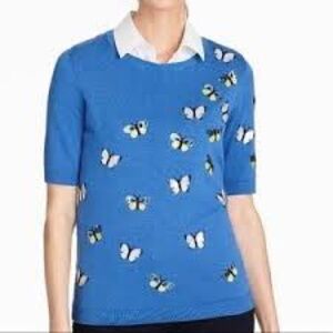 Talbots Blue Sequined Butterfly Short Sleeve Preppy Cottagecore Sweater Size XL